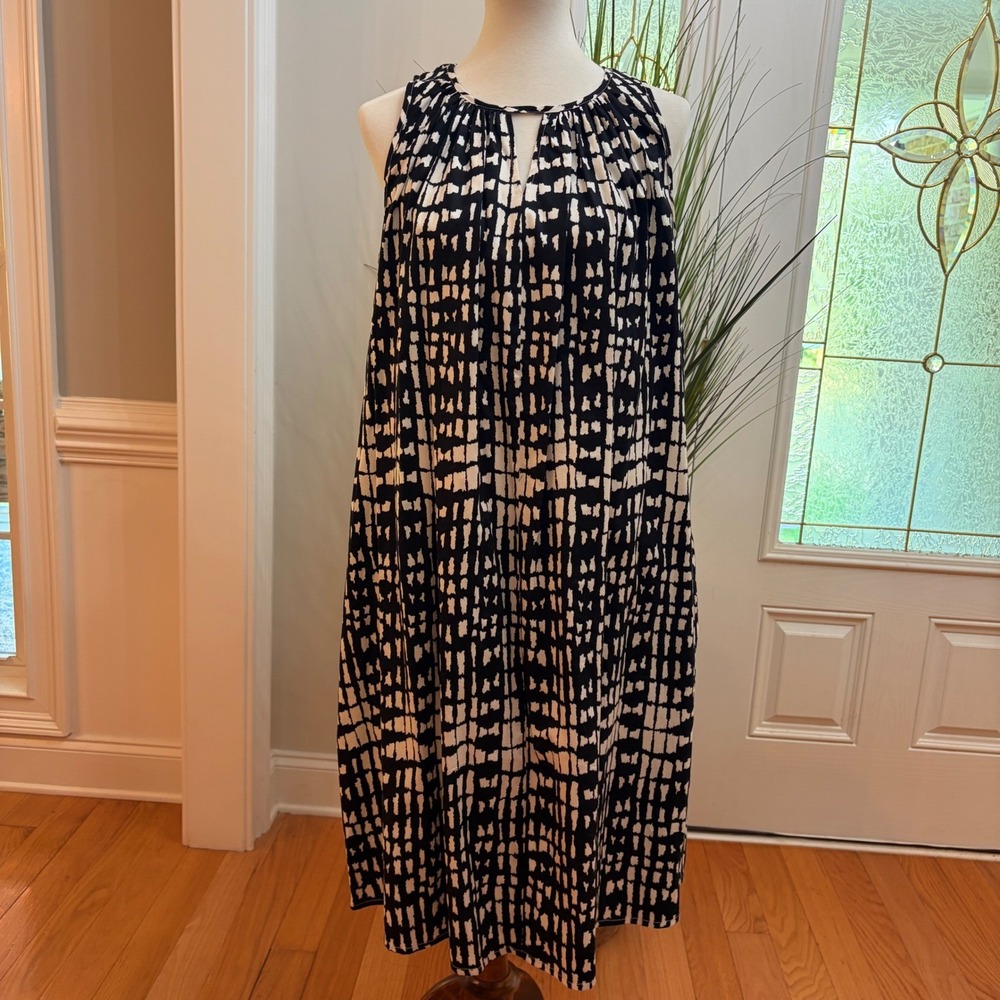 eShakti Black White Geometric Print Sleeveless Midi Dress Pockets Belted Size 10 - Picture 8 of 12